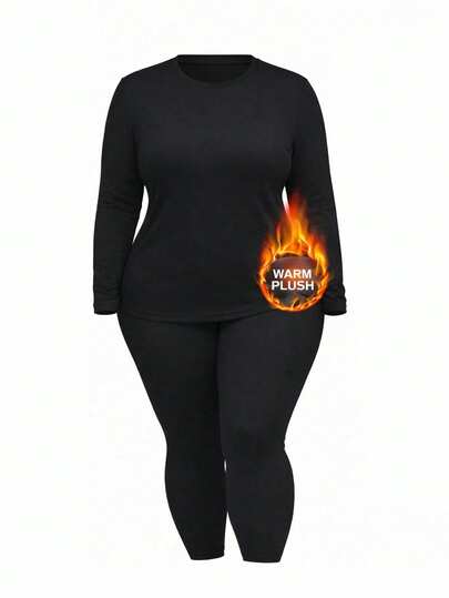 1 Set Plus Size Thermal Lined Thermal Underwear Set, Warm Activewear & Yoga Casual Outerwear, Solid Color Versatile Base Layer