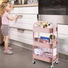 Carrito de Alenamiento Metal con 3 Niveles Carrito de Utilidad móvil Organizador con Ruedas Fácil de Montar para Oficina para Baño Cocina Salón Oficina Rosa - Rosa -0 - Ver 2