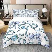 2/3件套蓝色蝴蝶结印花被套套装（1个被套+1/2个枕套，无芯），优雅设计聚酯纤维床上用品套装，柔软舒适的被套，适用于卧室、客房