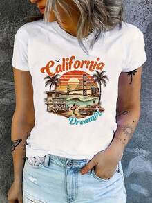 Unisex's California Graphic T-Shirt - White Tee With Golden Gate Bridge, Palm Trees & Vintage Cars - Soft Everyday Summer Top For S Trip, Beach Vacations - Machine Washable West Coast Casual Outfit, Vacation Clothing, Medium Elasticity Fabric - 白色 - 查看 1