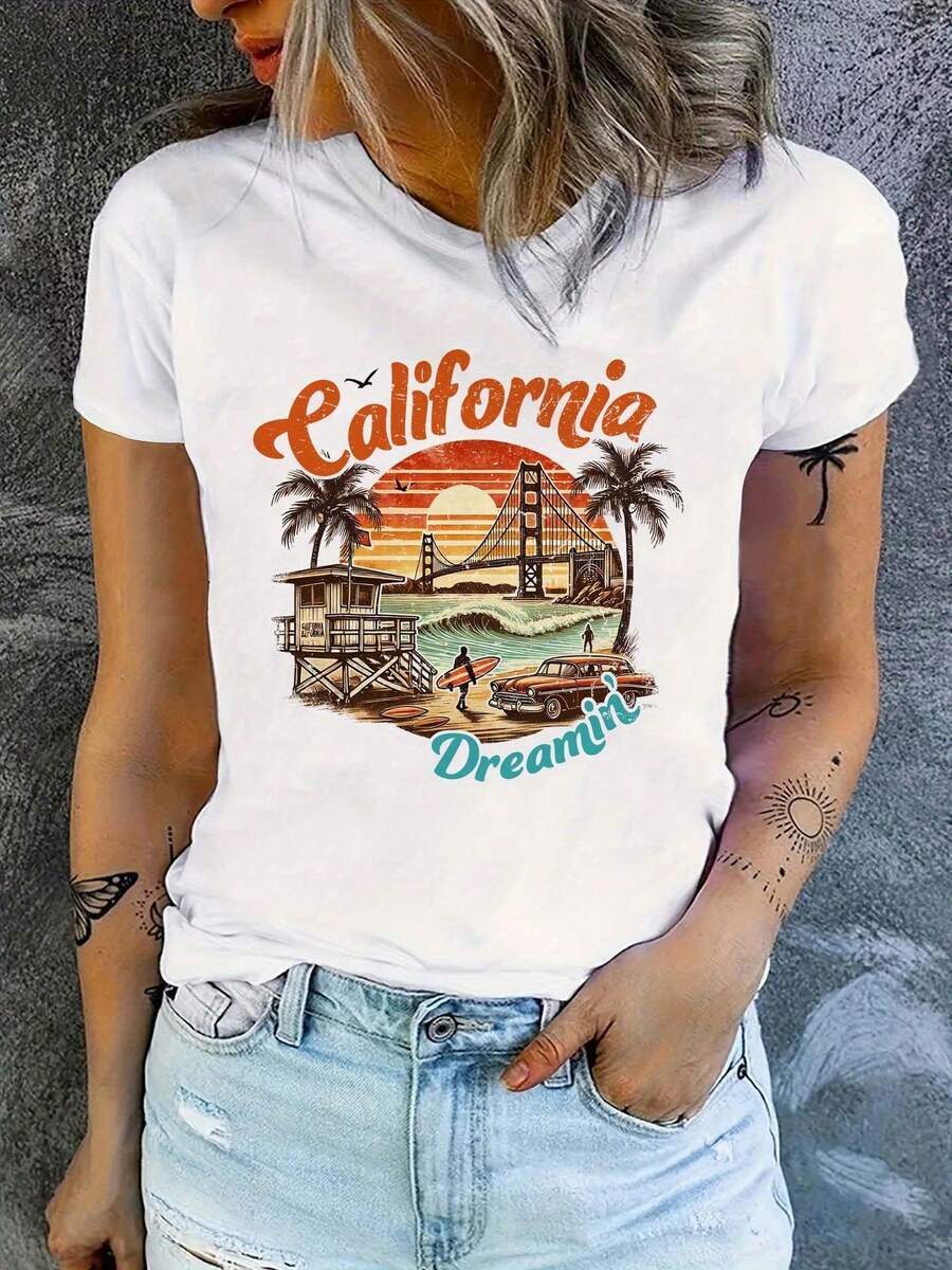 Unisex's California Graphic T-Shirt - White Tee With Golden Gate Bridge, Palm Trees & Vintage Cars - Soft Everyday Summer Top For S Trip, Beach Vacations - Machine Washable West Coast Casual Outfit, Vacation Clothing, Medium Elasticity Fabric - 白色 - 查看 1