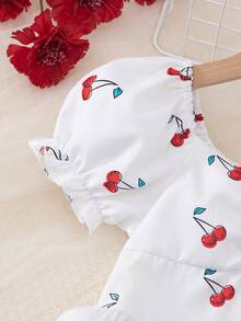 BASUSARRI Đầm bé gái mùa hè màu trắng họa tiết hoa, cổ bẻ, tay phồng, tươi tắn và thời trang, dễ thương và đơn giản. - trắng - Xem 5