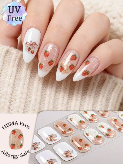 [UV Free] Retro Sweet Cherry Strawberry Plaid Design Gel Nail Stickers, 22pcs, High Gloss, Long-Lasting, Low Allergy, No UV Lamp Needed, Fashion Nail Art Supplies For Women & Girls, Daily, Outdoor, Picnic, Gathering, DIY, Gift For Her