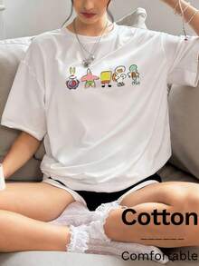 2pcs Women's Cotton Cartoon Pattern Round Neck Short Sleeve T-Shirts, Spring/Summer - White 3 - View 2