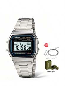 Casio Unisex Sports-Style Electronic Watch, Retro Stainless Steel Strap, Square Dial, With Calendar, Alarm And Stopwatch Functions, Water-Resistant Design, Suitable For Daily Wear. A168WA-1, New Year Gift, Christmas Gift - Silver - View 2