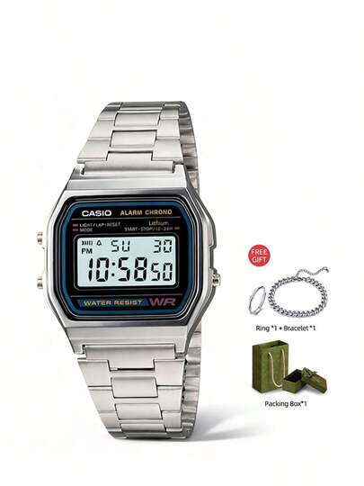 Casio Unisex elektronisk sportklocka, retroarmband i rostfritt stål, fyrkantig urtavla, med kalender, alarm- och stoppurfunktioner, vattentålig design, lämplig för vardagsbruk. A168WA-1, nyårspresent, julklapp