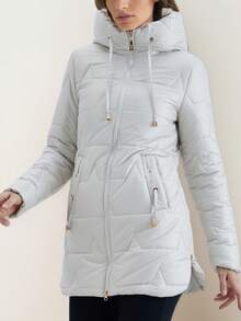 Mid-Length Glossy Down Jacket - Drawstring Hooded With Metal Details | Warm For Autumn/Winter: Suitable For Daily Wear And Commuting - Light Grey - View 4