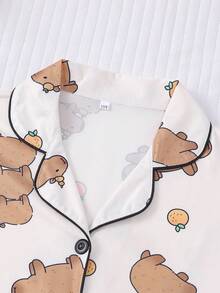 2pcs Tween Girl Cartoon Capi Bara Collar Cardigan Pajama Set, New Flame Retardant Lightweight Short Sleeve Shorts 2-Piece Outfit, Unisex Children Casual Homewear Set, Suitable For Holidays - White - View 3