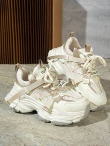 2024春夏新款软皮厚底运动鞋，女士透气网面跑步鞋，休闲运动鞋 - 米色 - 查看 4