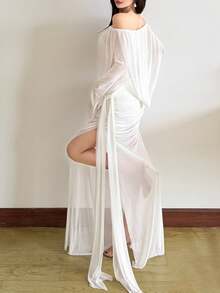 YeonC 纯感风格长袖无肩带连衣裙，透明纯色下摆和开衩缎带下摆针织面料宴会礼服 - 白色 - 查看 4