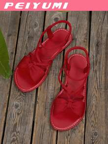 PEIYUMI Women's Fashion Sandals, Elegant Bow And Criss-Cross Strap Design, Comfortable And Versatile, Suitable For Various Occasions, Multiple Color Options - Red - View 6