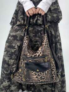 Y2K Retro Women's Leopard Print Shoulder Bag, Large Capacity Multi Pocket Street Crossbody Bag, Multifunctional Convertible Backpack - Black - View 6