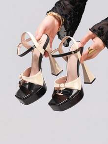 Fashionable Color Block Waterproof Platform High Heel Sandals, Sexy Party Shoes, Open Toe Stiletto Heels - Apricot - View 4