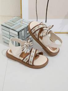 1 Pair Girls' Summer Sandals, Versatile Beige Cute Children's Shoes With Ditsy Floral, Bowknot, Criss-Cross Strap, Hook And Loop Closure, Suitable For Strolling, Outfit Matching, And School Activities - Brown - View 5