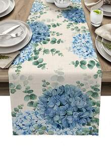 Taplak Meja Linen Motif Hydrangea Biru dan Eucalyptus yang Dapat Digunakan Kembali, Dekorasi Pesta Liburan untuk Gaya Rumah Pertanian, Dapur, Ruang Makan, Pernikahan - MultiWarna - View 11