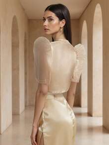 1件 Amyenjoylife 现代菲律宾风格女式衬衫，时尚薄纱蕾丝拼接设计，优雅纽扣衬衫，春夏款，蝴蝶袖菲律宾风格，女士菲律宾短外套 - 香檳色 - 查看 2