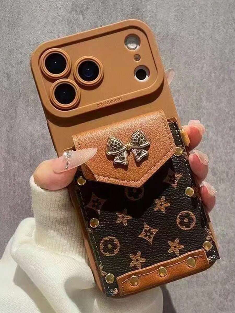 1pc Bowknot Reading Glasses Card Holder Phone Case Compatible With Apple 11/12/13/14/15/16/17 Pro Max - Brown - View 1