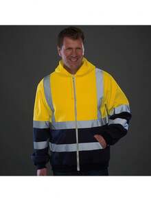 Men's Hooded Sweatshirt With Reflective Strips, Sanitation Worker Outdoor Work Uniform, Fleece Color-Blocked Zip-Up Sweatshirt - Màu vàng - Xem 3