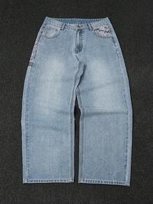 Hot Fashion Cherry Blossom Embroideied On Fake Pocket Men's Jeans Baggy Loose Fit Denim Pants - Baby Blue - View 4