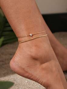 2件套女士脚链套装，波西米亚风夏季海滩度假叠戴款，铜镶嵌锆石四叶草吊坠，镀金空心链，双层链脚链套装，多层脚链配饰礼品 - 金黃色 - 查看 1