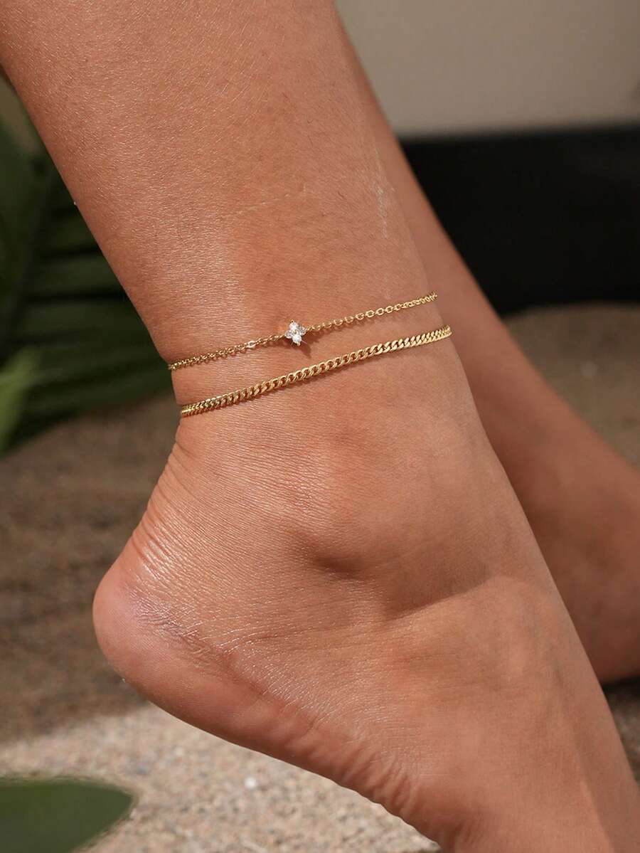 2件套女士脚链套装，波西米亚风夏季海滩度假叠戴款，铜镶嵌锆石四叶草吊坠，镀金空心链，双层链脚链套装，多层脚链配饰礼品 - 金黃色 - 查看 1