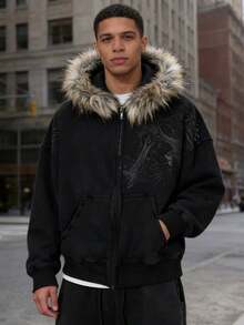 Men's Y2K Zip Up Hoodie Fur Hooded Jacket Warm Winter Coat For Men With Hood Fur Collar Streetwear - 黑色 - 查看 1