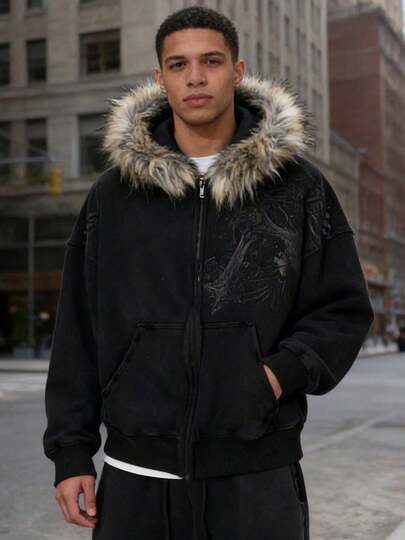 Men's Y2K Zip Up Hoodie Fur Hooded Jacket Warm Winter Coat For Men With Hood Fur Collar Streetwear