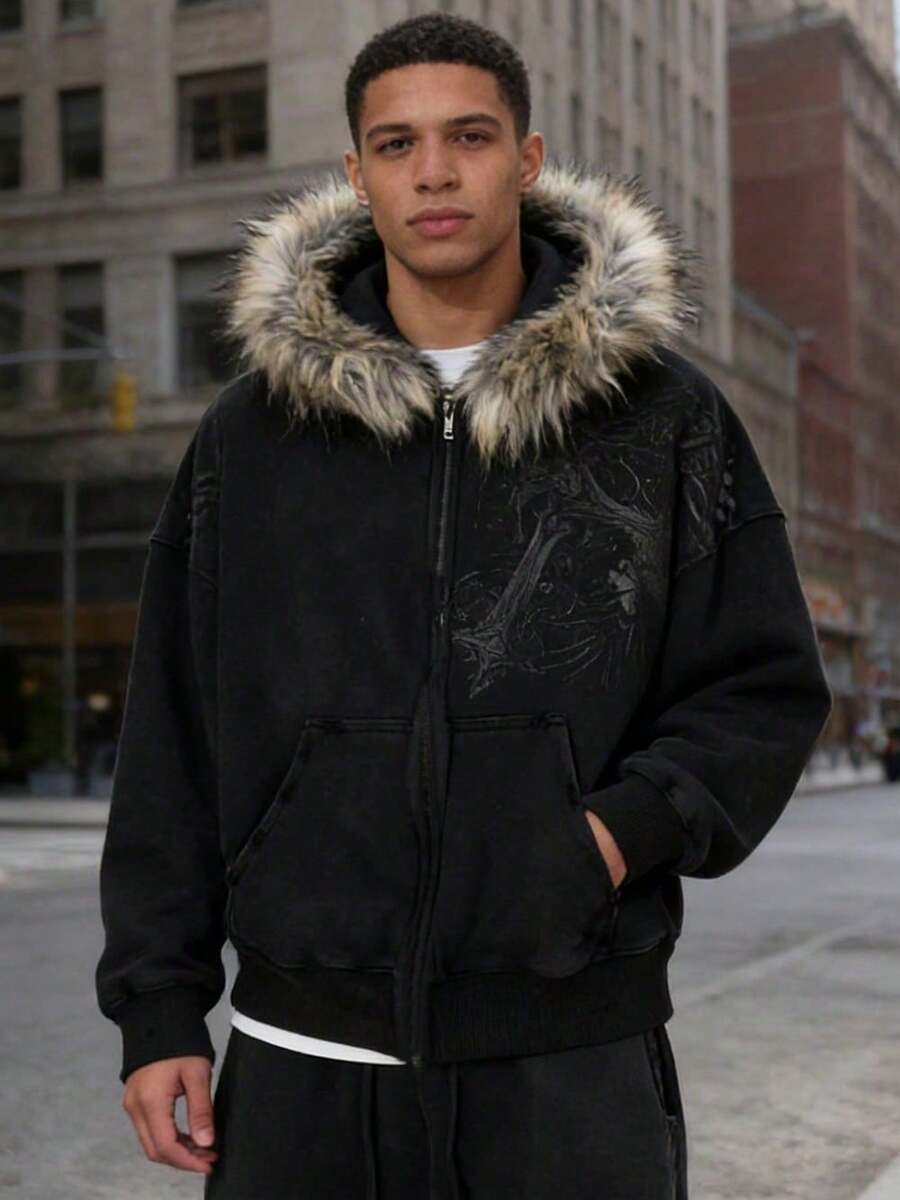 Men's Y2K Zip Up Hoodie Fur Hooded Jacket Warm Winter Coat For Men With Hood Fur Collar Streetwear - 黑色 - 查看 1