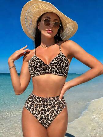 2pcs/Set Leopard Print Sexy Backless Twist Spaghetti Strap Split Bikini Swimsuit, Bohemian Beach Vacation, Summer