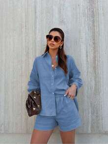 SV Women's Linen Set With Basic Blouse And Casual Shorts - Summer - 藍Blue - 查看 4