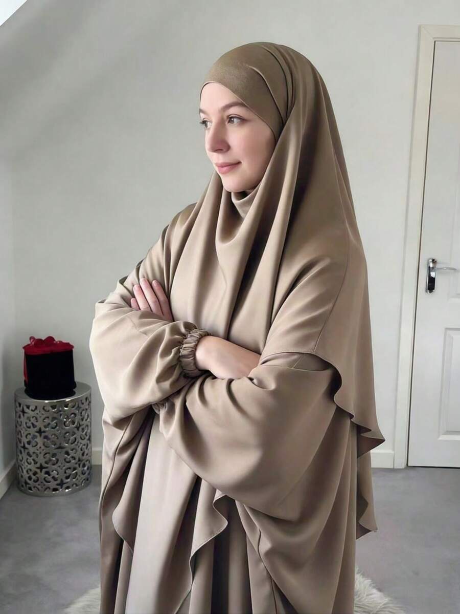 2pcs/Set Hijab + Abaya Combo Set, Abaya With Elastic Cuffs, Bust 230cm, Length 143cm, Loose & Comfortable, Hijab Length 140cm - Multicolor - View 1