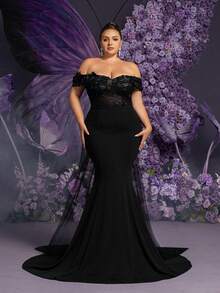 Faeriesty 优雅黑色露肩晚礼服，蕾丝薄纱长款礼服，刺绣花卉紧身胸衣和鱼尾裙摆——完美适用于婚礼宾客、正式晚宴、盛大派对、周年纪念派对 - 黑色 - 查看 1