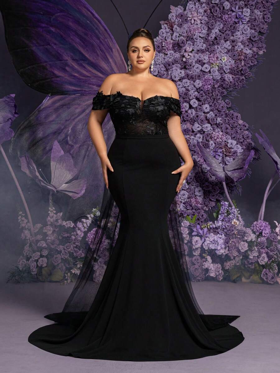 Faeriesty 优雅黑色露肩晚礼服，蕾丝薄纱长款礼服，刺绣花卉紧身胸衣和鱼尾裙摆——完美适用于婚礼宾客、正式晚宴、盛大派对、周年纪念派对 - 黑色 - 查看 1