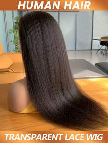 13x4 Transparent Kinky Straight Lace Front Wigs Yaki Straight Human Hair Wigs Bleached Frontal Wigs Texture & Full Volume For Women Pre Plucked 200% Density - Natural Black - View 7