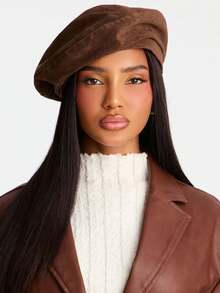 1pc New Versatile Suede Beret Hat, Retro Brown Beanie Cap, Fashionable British Style Artist Hat For Women, Autumn/Winter - Multicolor - View 3