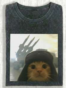 Women's Summer Washed Cotton T-Shirt, Printed With A Kitten Pattern, Casual And Simple, Loose Fit, Crew Neck, Short Sleeves. - Black - View 1