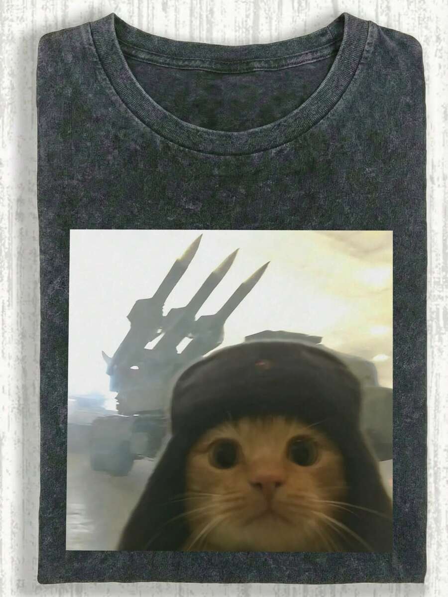 Women's Summer Washed Cotton T-Shirt, Printed With A Kitten Pattern, Casual And Simple, Loose Fit, Crew Neck, Short Sleeves. - Black - View 1