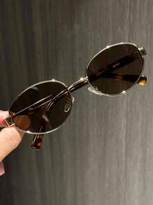 1 chiếc kính thời trang cổ điển gọng kim loại hình oval dành cho nữ, kính mắt thời trang cá tính. - Trà khung vàng (mái mỏng) - Xem 3