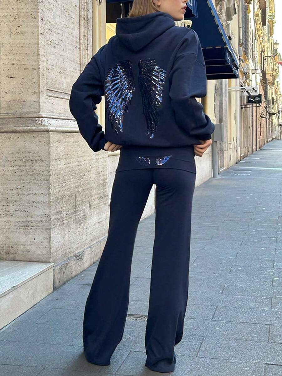 Sequin Embroidered Angel Wings Light Grey Sweatshirt Y2K Cute Women Sweatshirt, Casual Dropped Shoulder Long Sleeve Sweatshirt For Women - Navy Blue - View 1