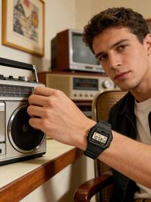 Casio 卡西欧男女通用电子表 - 防水表带，具备日历、闹钟和秒表功能。复古学生风方形腕表。橡胶表带。运动时尚。适合日常佩戴。新年、圣诞节、圣诞礼物。 - 橘子黑色 - 查看 6