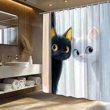 1 pieza Cortina de ducha con diseño de gato de dibujos animados, gatos en blanco y negro con fondo suave, sin necesidad de taladrar, de poliéster duradero, adecuada para la decoración del baño, cortina de ducha, ventana y decoración elegante del hogar, accesorio de moda para el hogar con estampado para el baño, regalo para amantes de los gatos - Multicolor - Ver 3