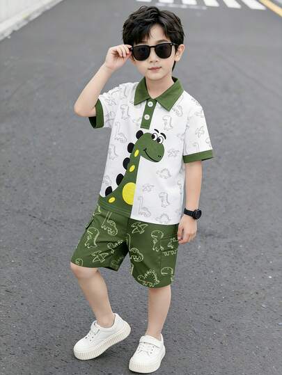 2pcs Young Boys' Colorblock & Dinosaur Print Short Sleeve T-Shirt And Shorts Set, Cute And Casual Outfit For Spring/Summer