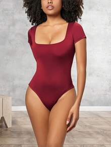 Body de una pieza con escote cuadrado para mujer, corte ajustado, manga corta, sin costuras, para mayor comodidad y uso en capas a diario. - Burdeos - Ver 2