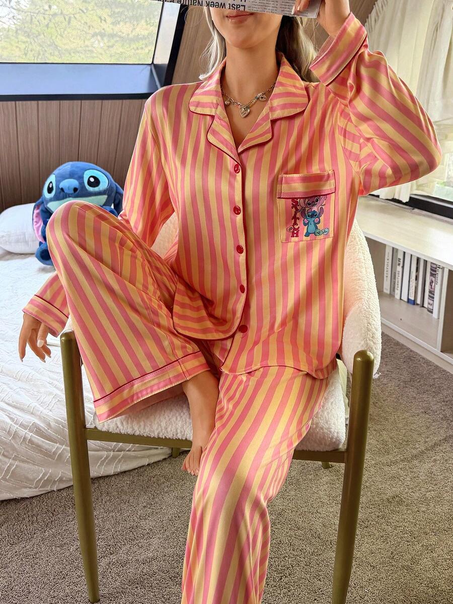 Disney Stitch Print Patchwork Pajama Set - Multicolor - View 1