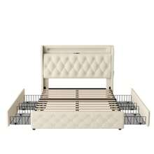 Upholstered Bed 140x190 Cm With LED Lighting And USB Socket, Headboard With Shelves And Storage Space, Flat Double Bed With 4 Drawers, Velvet. - White - View 9