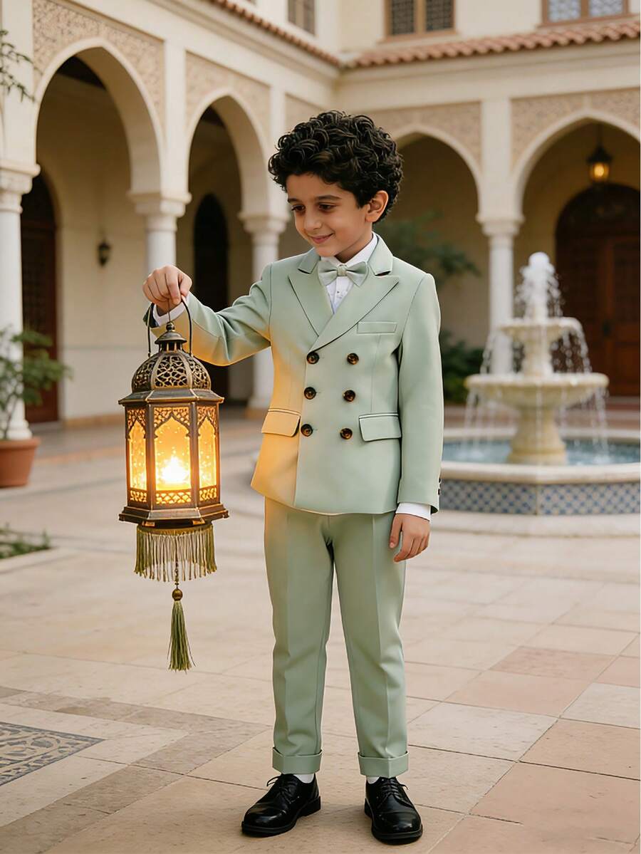 Boys' Suit Set New Style Page Boy Wedding Outfit Performance Costume British Style 3 Pieces Set Suit Jacket + Long Pants + Bow Tie - Green - View 1