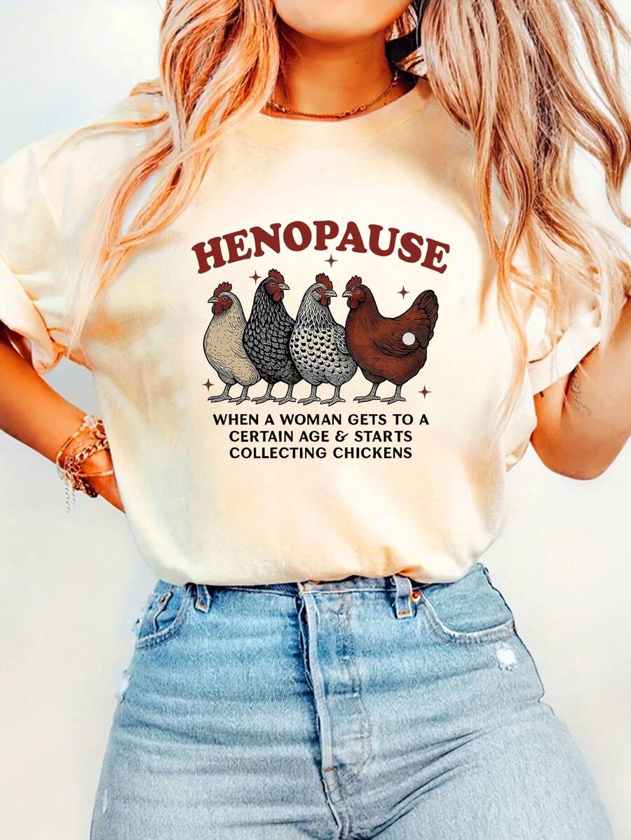 大码更年期小鸡图案T恤，休闲舒适日常穿着