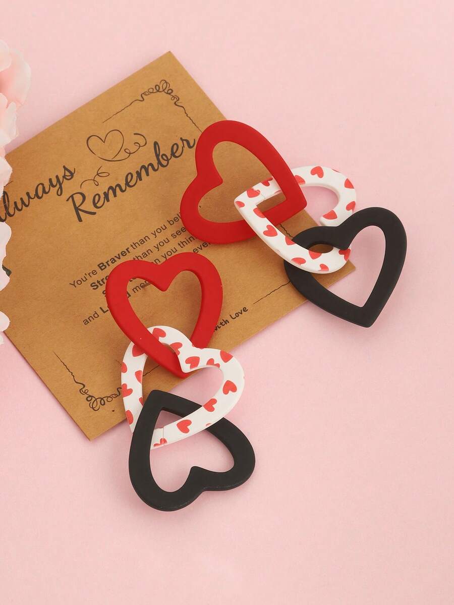 1对情人节心形镂空亚克力吊坠耳环，红、白、黑撞色，粘土质感，可爱优雅，适合日常、派对、节日、送礼（不含贺卡） - 彩色 - 查看 1