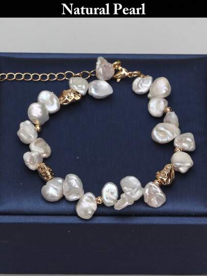 1条天然珍珠手链，淡水巴洛克珍珠手链，可调节白色珍珠手链，女士日常、假日、婚礼、派对配饰