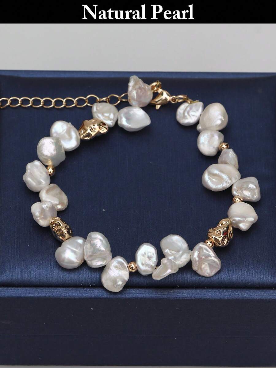 1条天然珍珠手链，淡水巴洛克珍珠手链，可调节白色珍珠手链，女士日常、假日、婚礼、派对配饰